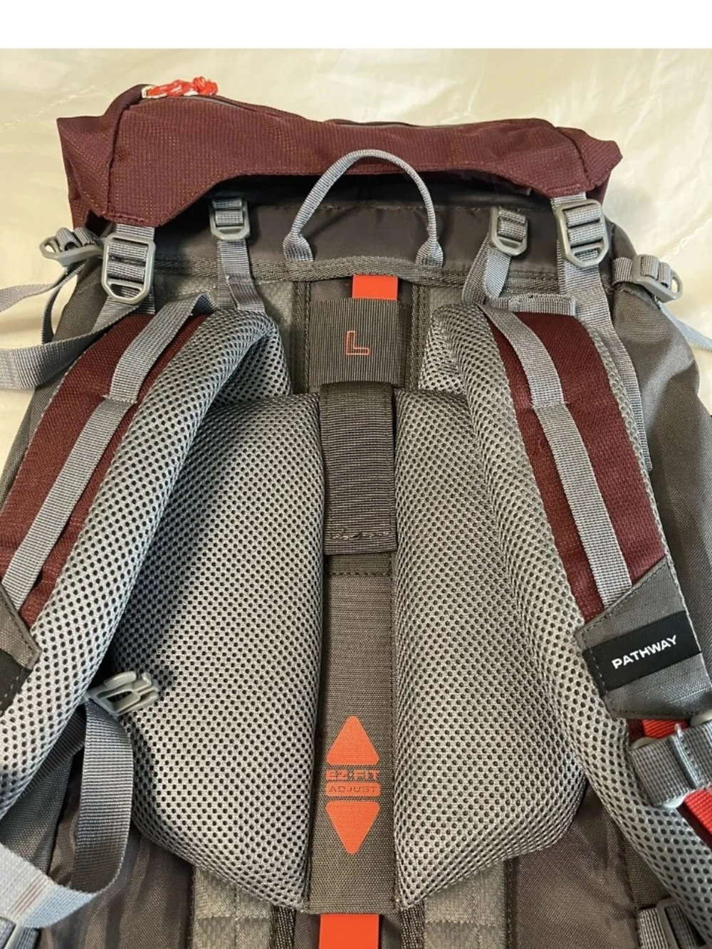 Men's Burgundy Hiking Backpack with Gray Straps and Red Accents
